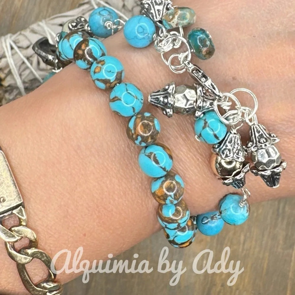 Turquoise silveycharms rosary link adjustable dainty bracelet maximalist - Picture 11 of 12